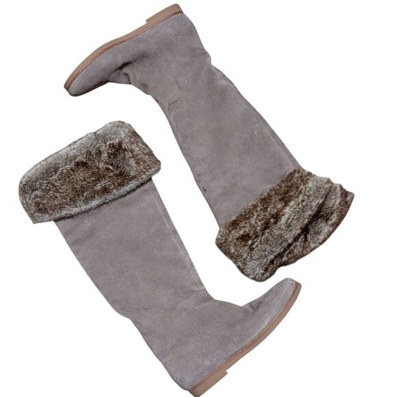 Sam Edelman Orlando suede knee high boots size 8.5M taupe faux fur cuffs pull on - Picture 8 of 13